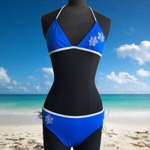 Billabong Girls Surf swimwear blue floral patch and logo bikini